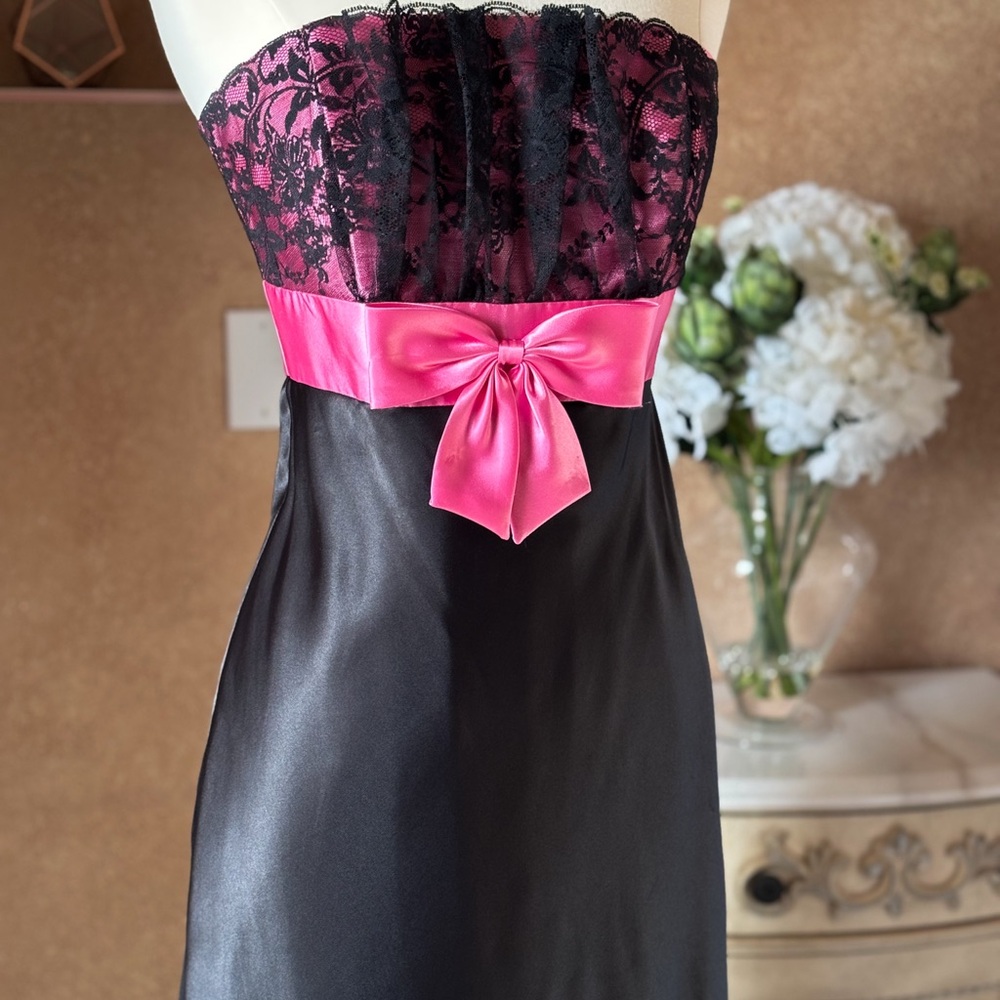 Vintage Jessica McClintock Strapless Prom Dress Black Satin Pink Bow Y2K Formal